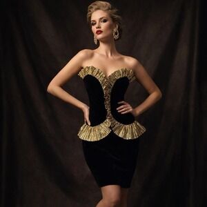 Vintage Karen Okada Black Velvet Gold Lamé Ruffle Peplum Strapless Dress